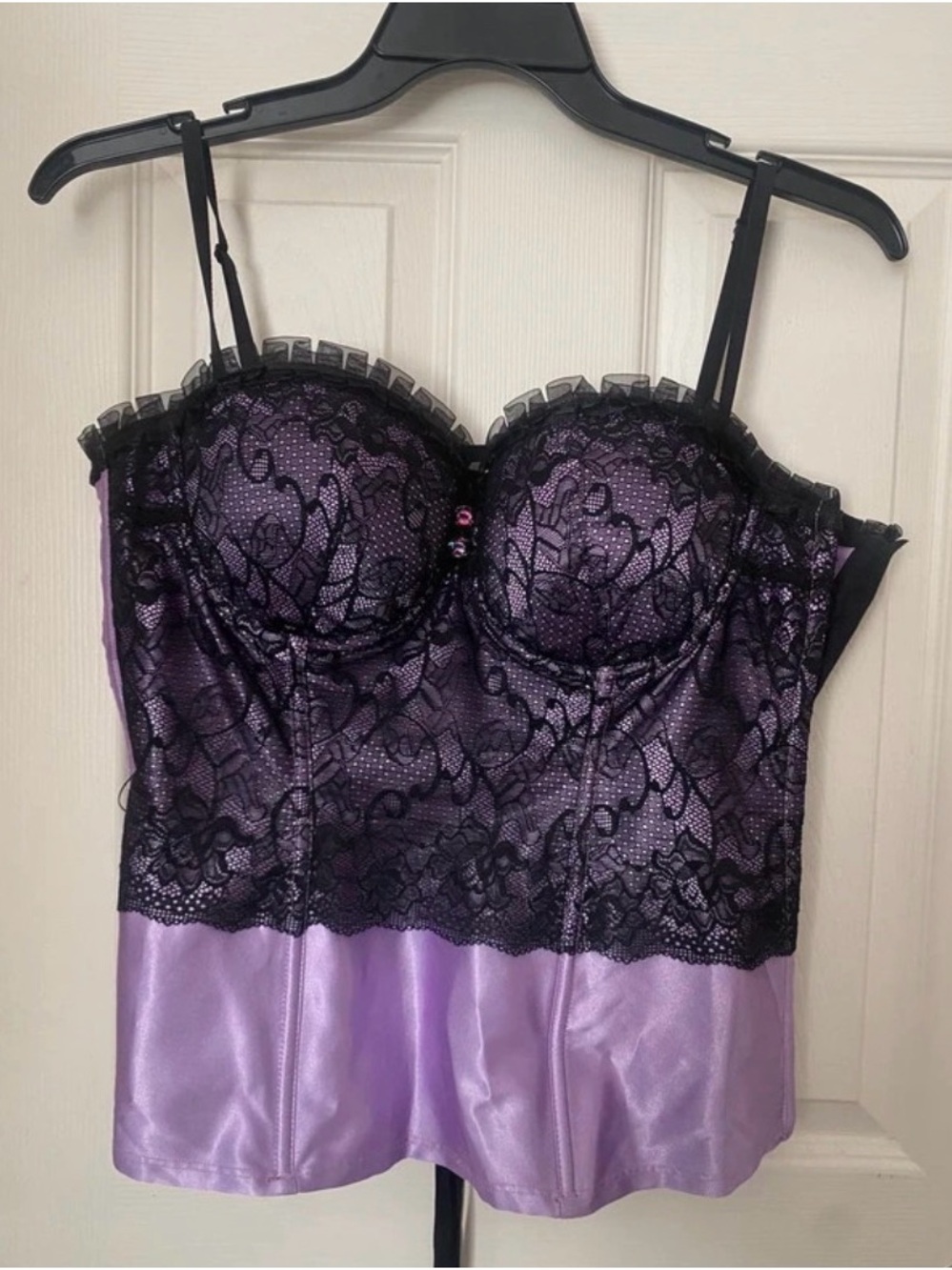 Fredericks of Hollywood Purple Lace Bustier with Black Overlay and Ruffle Trim
